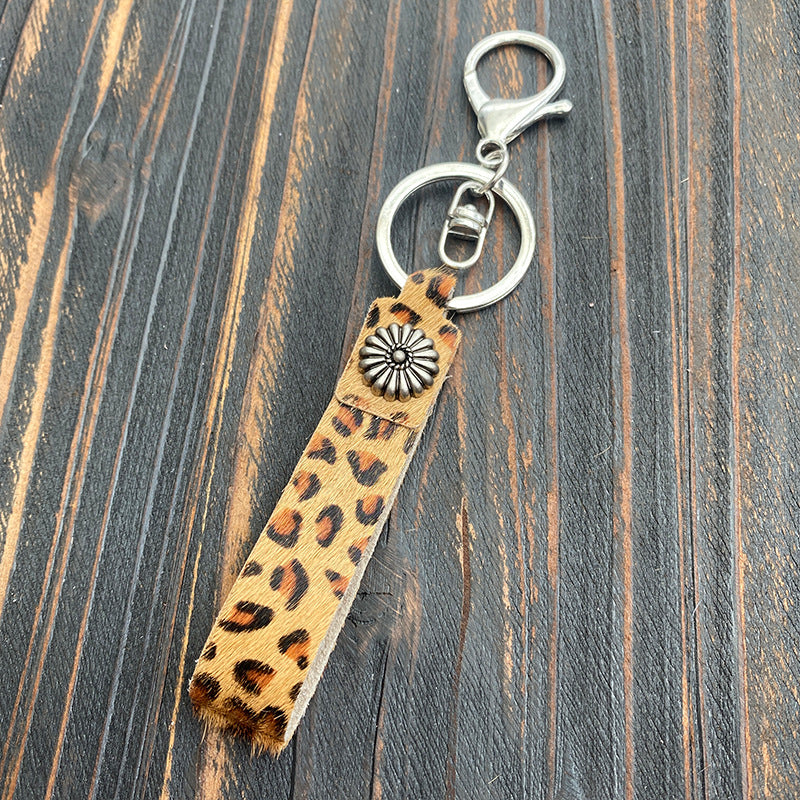 Wholesale Leopard Print Genuine Leather Pony Hair Western Style Keychain